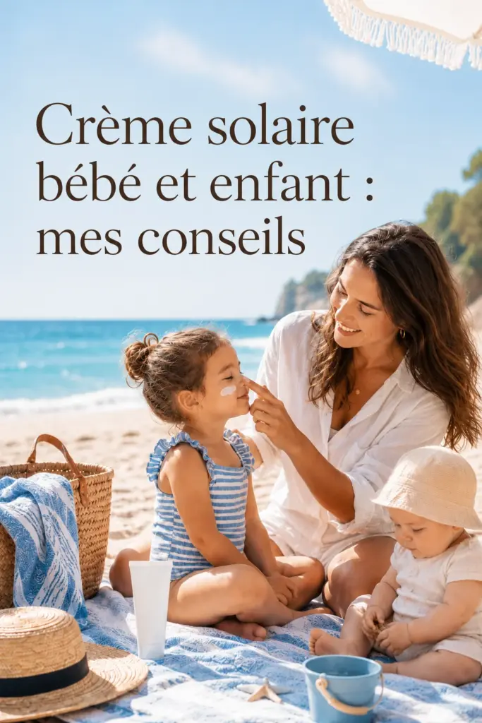 Maman appliquant de la crème solaire sur le nez de sa fille à la plage — conseils crème solaire bébé et enfant