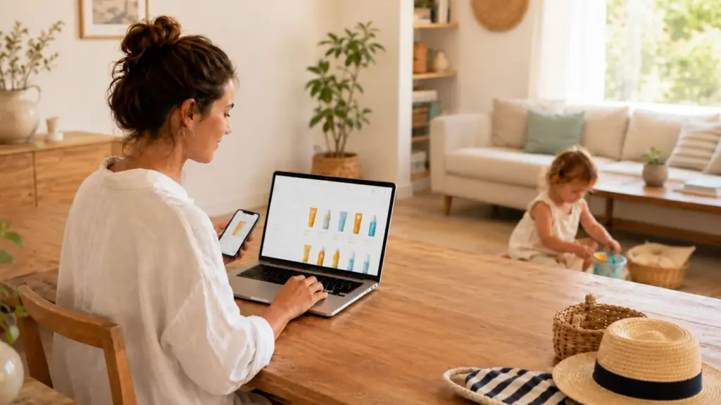 Maman achetant les protections solaires de la famille en ligne, tranquillement installée à la maison