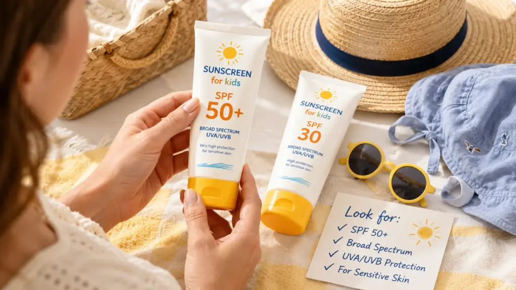 Pour les enfants, je vise directement un SPF 50 ou 50+ avec une protection large spectre UVA/UVB.